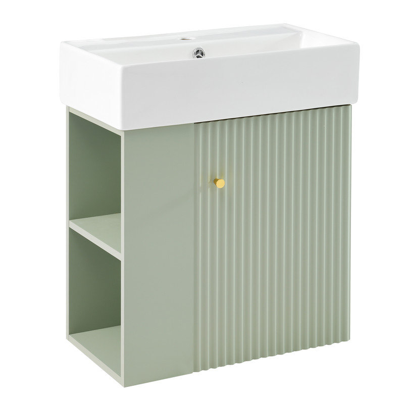21.6 inch Modern Floating Bathroom Vanity with Ceramic Basin - Perfect for Small Bathrooms, Left side storage, Green