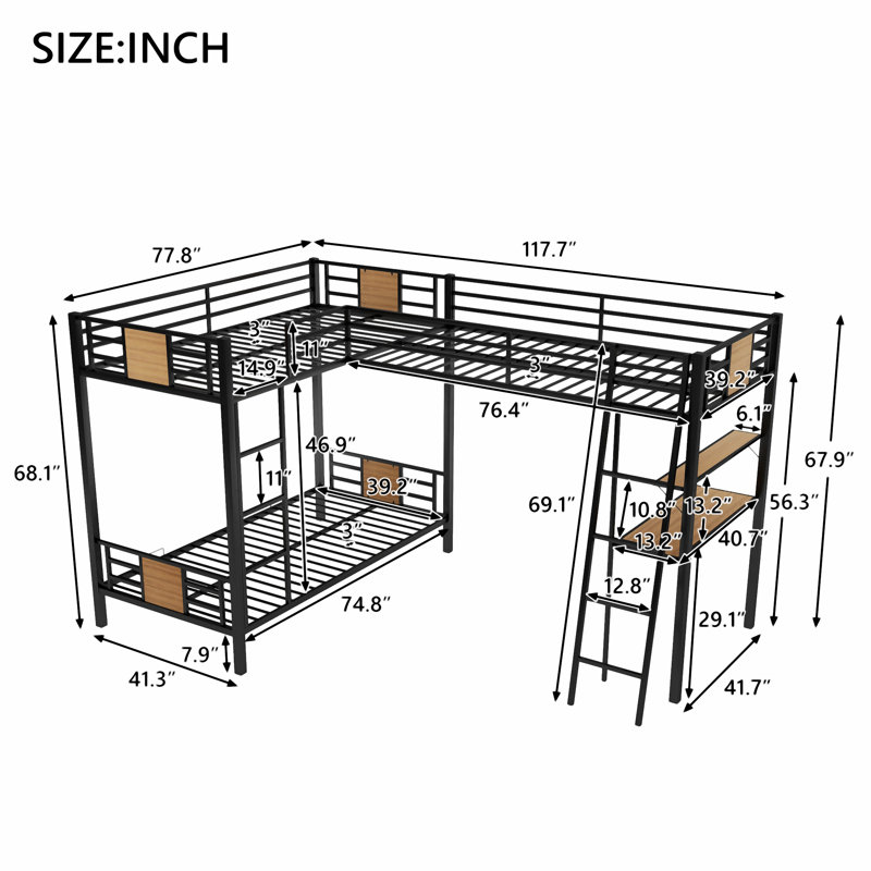 L-Shaped Twin Over Twin Bunk Bed With Twin Size Loft Bed With Desk And Shelf