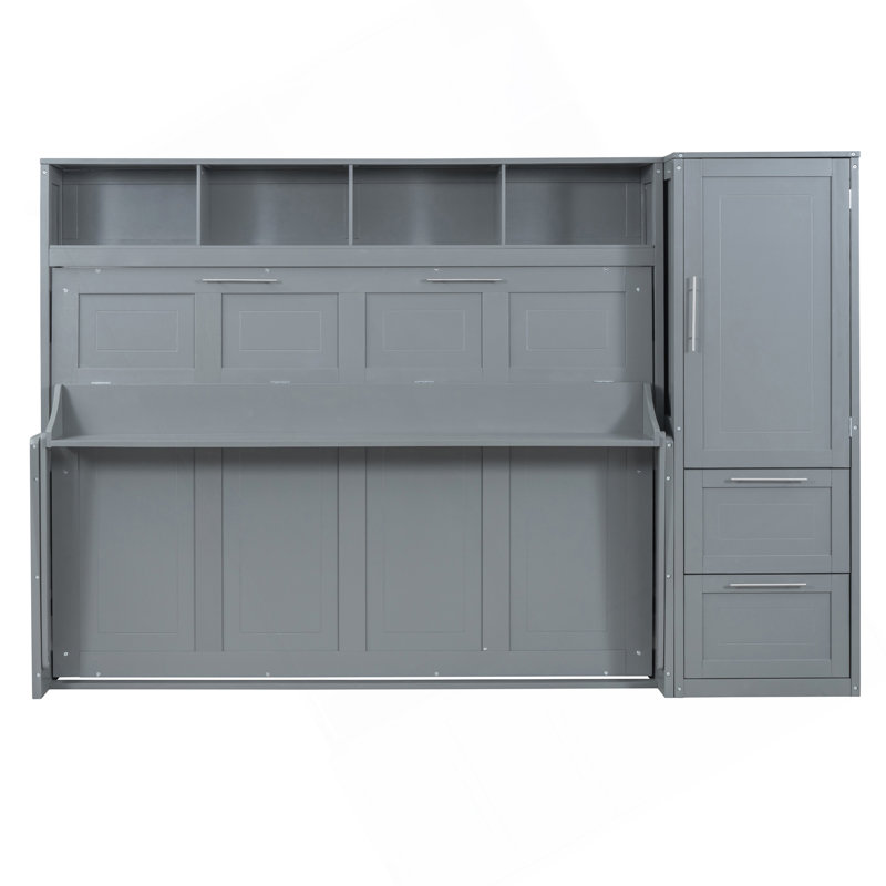 Grand lit escamotable mural avec placard et tiroirs, gris