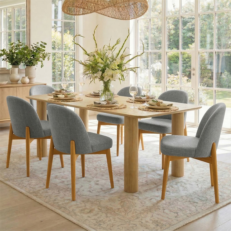 Ensemble de salle à manger 7 pièces rectangulaire en bois massif avec 6 chaises en lin, Gris