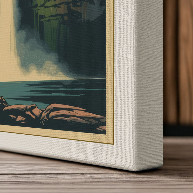 Fox at Waterfall Retro - Wrapped Canvas, 36x24 - 91.4 x 61.0 cm, Cream Border