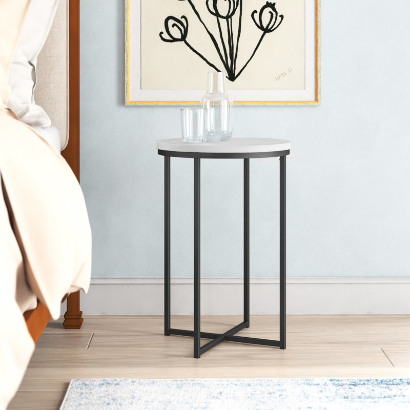 Wasser End Table, Faux White Marble, Black