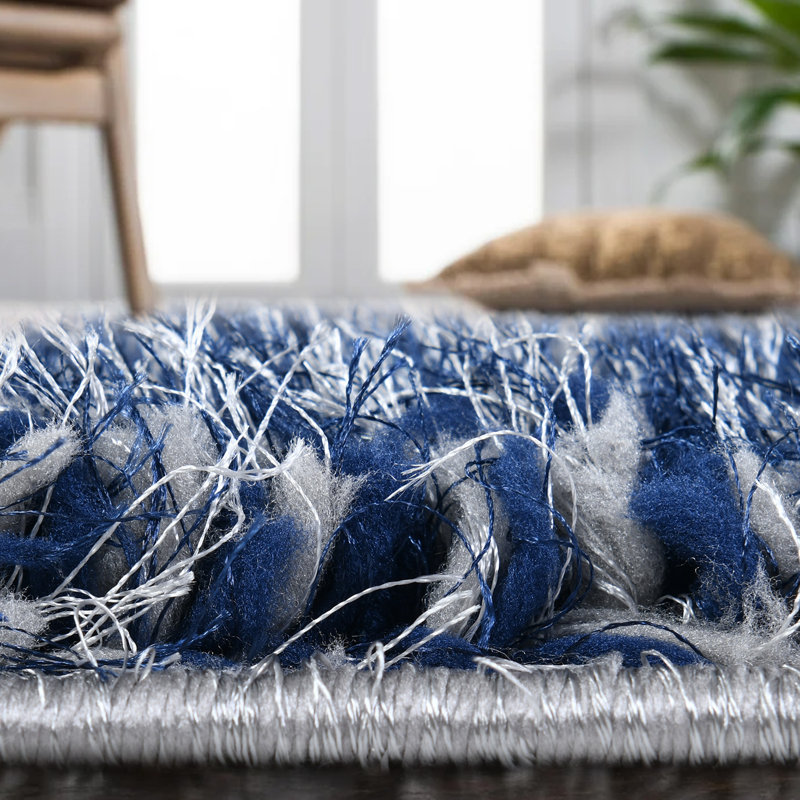 Shaggy Blocks High Pile Rug - Navy, Rectangle 60 x 110 cm