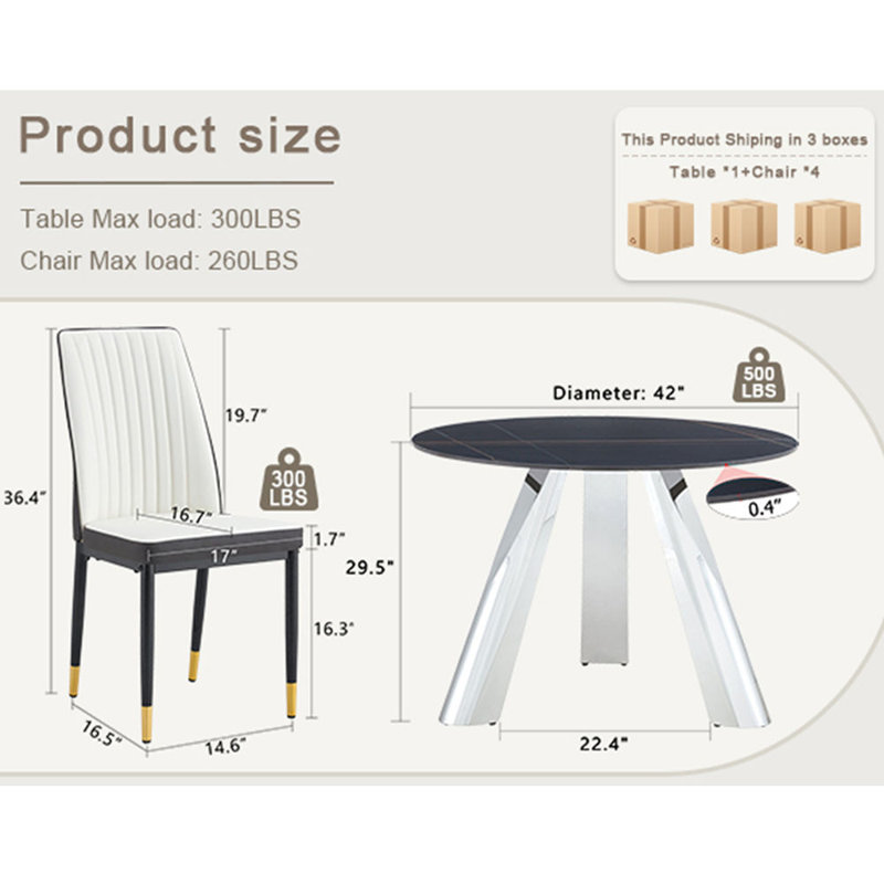 A 42-inch round black dining table with a granite top and stainless steel legs, paired with four PU material dining chairs