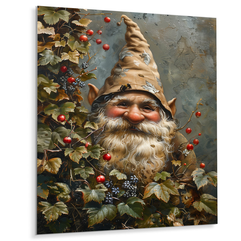Gnome de jardin d'automne rouge et vert, Sans cadre, métal, H 34 po x l 44 po