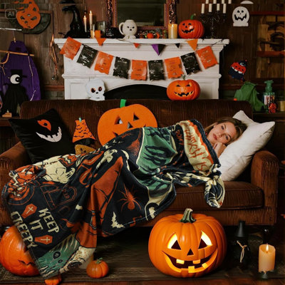 Couverture d'Halloween rétro crâne, motif fantôme de citrouille, décoration de canapé-lit chaud et flou, cadeau d'Halloween