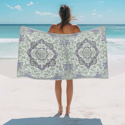 Beach Towel Blue Green Medieval Flowers Bath Pool Towels Retro Bohemian Pattern Absorbent Beach Towel Soft Large Quick Dry Lightweight Camping Travel Sports Yoga Gym Swim Towels for Adult 50x60 Inch