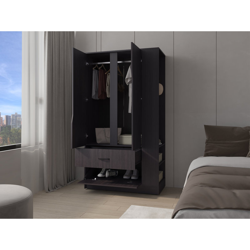 Sehili Wardrobe, 3 Doors, 1 Drawer, Side Shelves, Hanging Rods, Contemporary Design, Wenge
