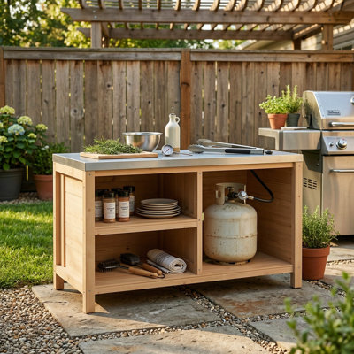 51.2" W Cedar Outdoor Kitchen Storage Cabinet with Stainless Steel Top & Propane Tank Compartment