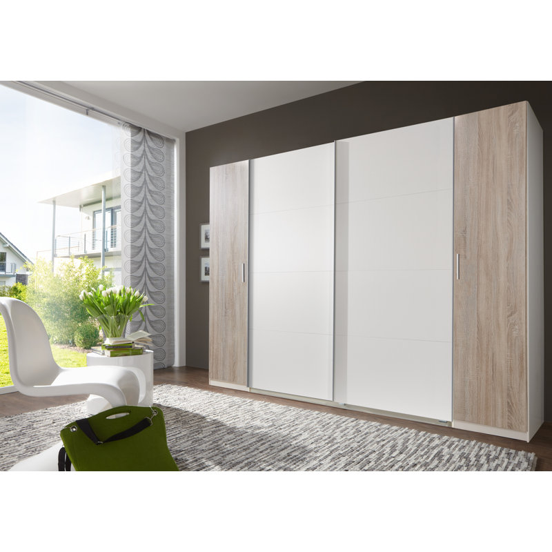 Honaz 4 Door Manufactured Wood Wardrobe, 210cm H x 270cm W x 65cm D, White and light brown