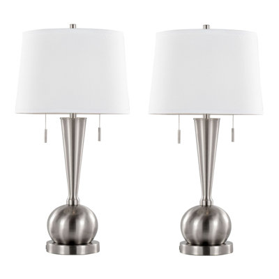 30" Contemporary Metal Table Lamp, Brushed Nickel with White Linen Shade and USB Port, Set of 2