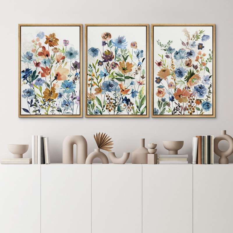 " Watercolor Wildflower " 3 - Pieces on, Natural, 36" H x 24" W