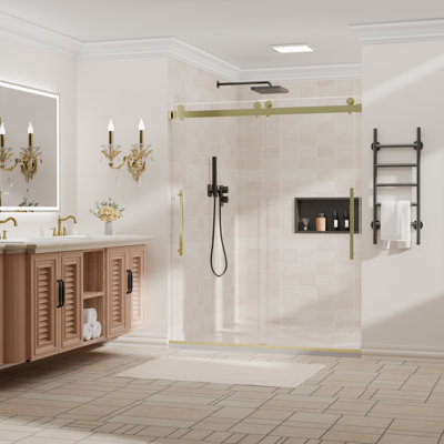 50-54 In. W X 74 In. H Semi-Frameless Double Sliding Shower Door With 1/4 In. Clear Tempered Glass In Brushed Gold