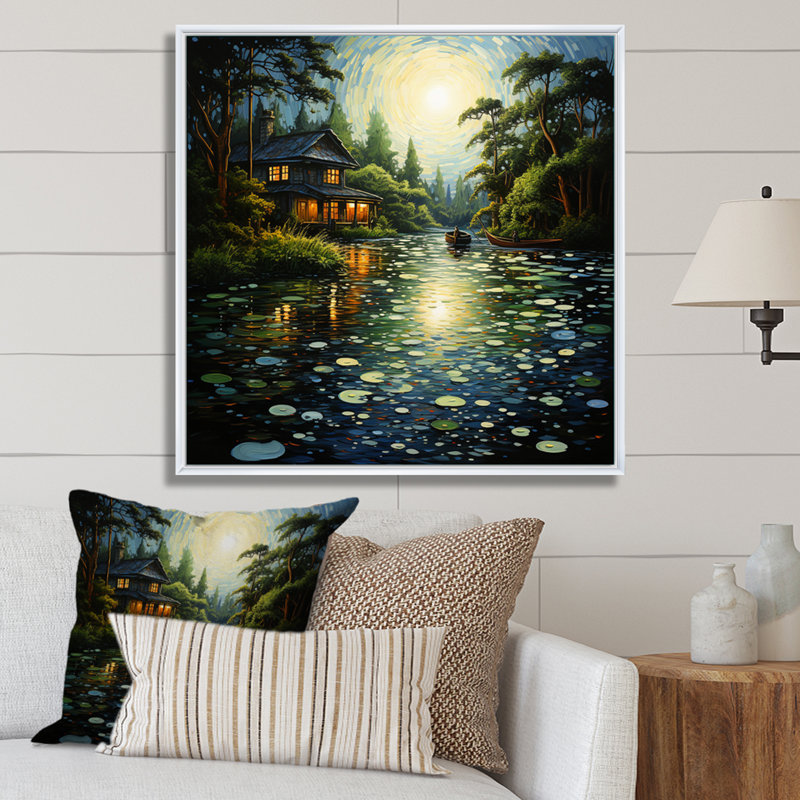 Lakeill Whispering Waters Pointillism I - impression, H 16 po x l 16 po x P 1 po, Cadre flottant blanc