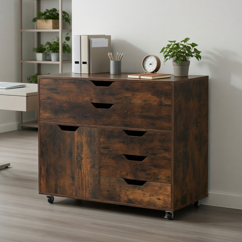  Armoire de rangement moderne à 5 tiroirs avec roulettes verrouillables et porte d'armoire, bureau, bureau à domicile et bureau