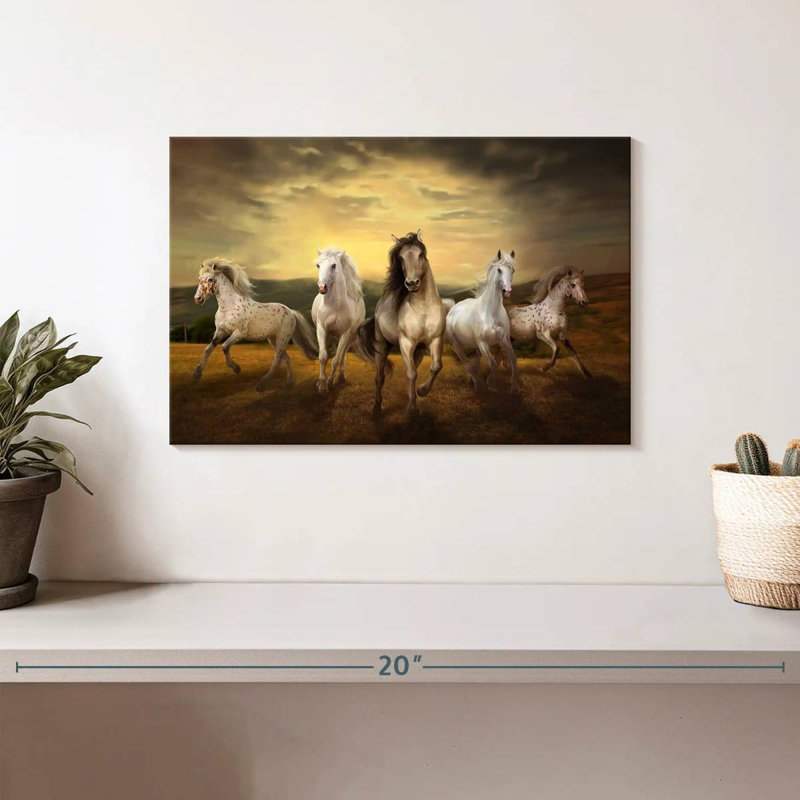 Crowle, lever de soleil, chevaux au galop, H 8 po x l 12 po