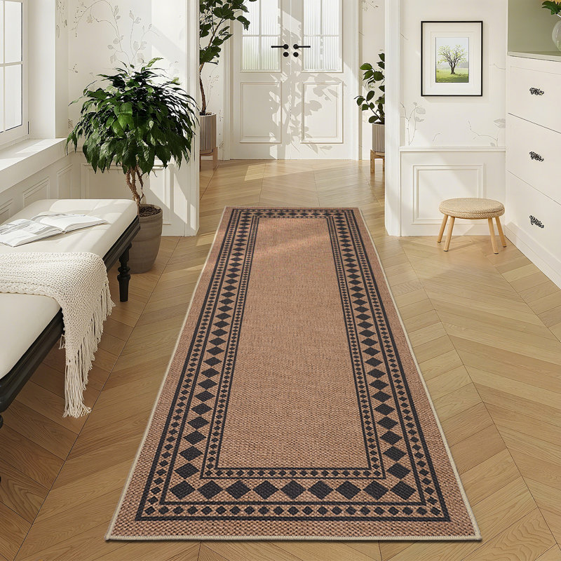 Tapis géométriques lavables pour patio de salle à manger, Brown, Runner 2' x 6'