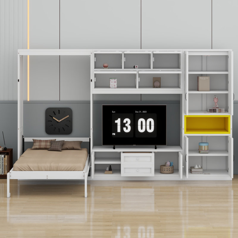 Lit escamotable en bois avec meuble télé, 2 tiroirs, tablettes et armoires, Blanc