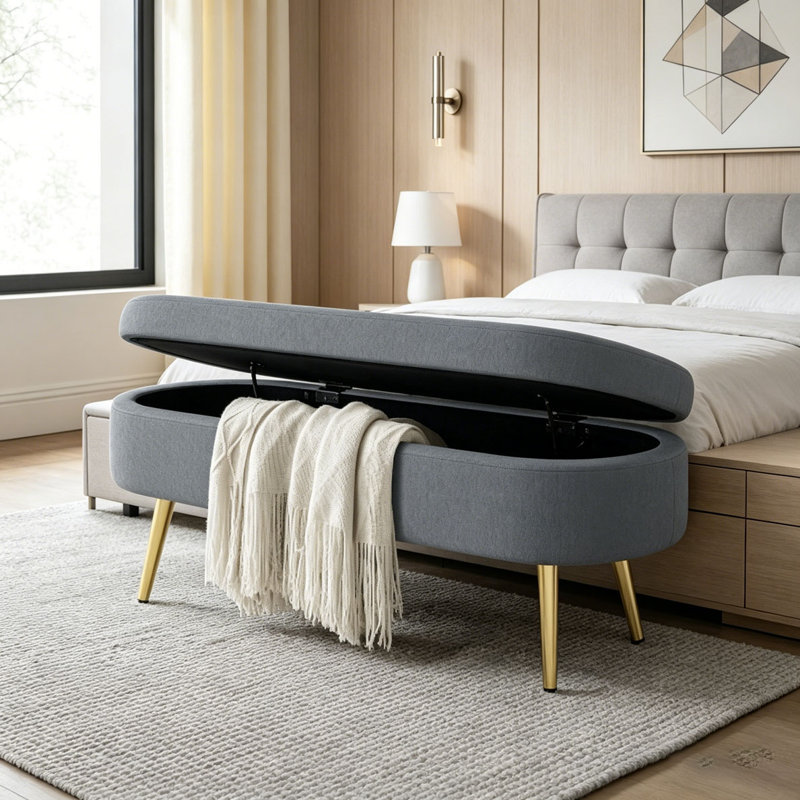 Ottoman Oval Storage Bench ith Metal Legs, Dark Gray
