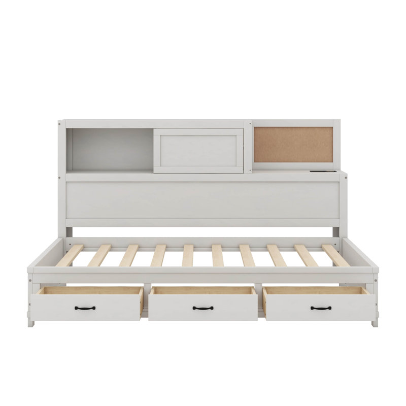 Jacksten Wooden Daybed With 3 Drawers, Upper Soft Board, Shelf, Sockets And USB Ports, Twin, White