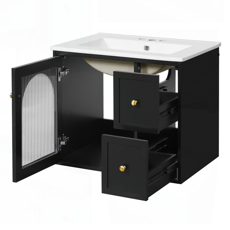 Ensemble de meuble-lavabo mural 24 po avec lavabo en céramique, 2 tiroirs et 1 porte à fermeture en douceur pour les petits espaces
