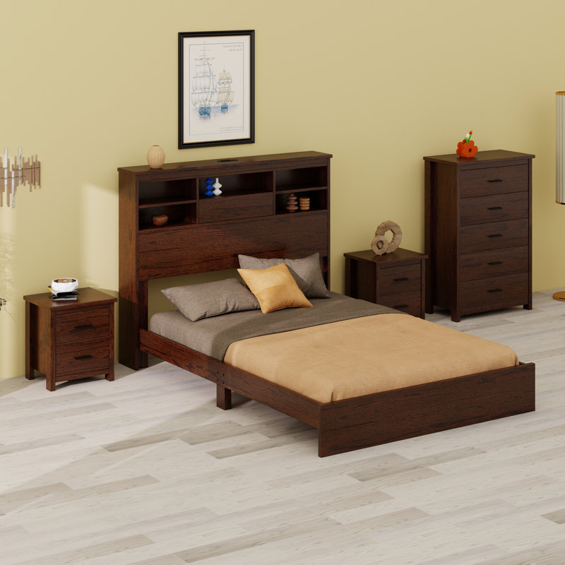 Base de lit plateforme avec tête de lit, ports de chargement USB, 1 commode avec 5 tiroirs et 2 tables de chevet, Noyer