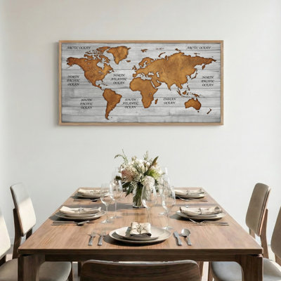 Wooden Map Canvas Framed Wall Art Oil Painting Print Set Of 1，58 x 28 inch