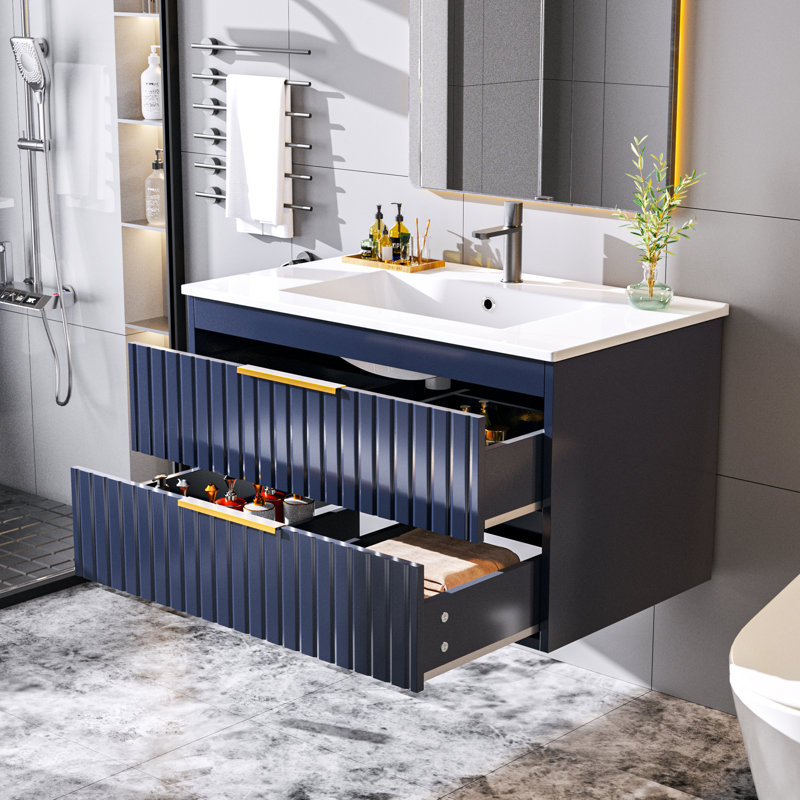 Meuble-lavabo mural flottant simple 30 po avec comptoir en céramique, Bleu / doré