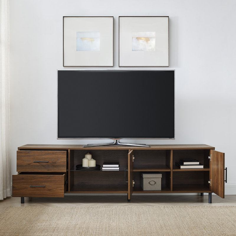 Sabion 2-Drawer and 2-Door 70" TV Stand for 80" TVs with Glass Shelf, Dark Walnut