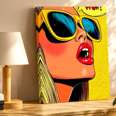Pop Art Woman with Sunglasses Wow Comic Speech Bubble Canvas Wall Art Print, Decorative Contemporary Decorative Art Artwork for Living Room Bedroom Office Hallway Apartment Gallery Wall Home Decor