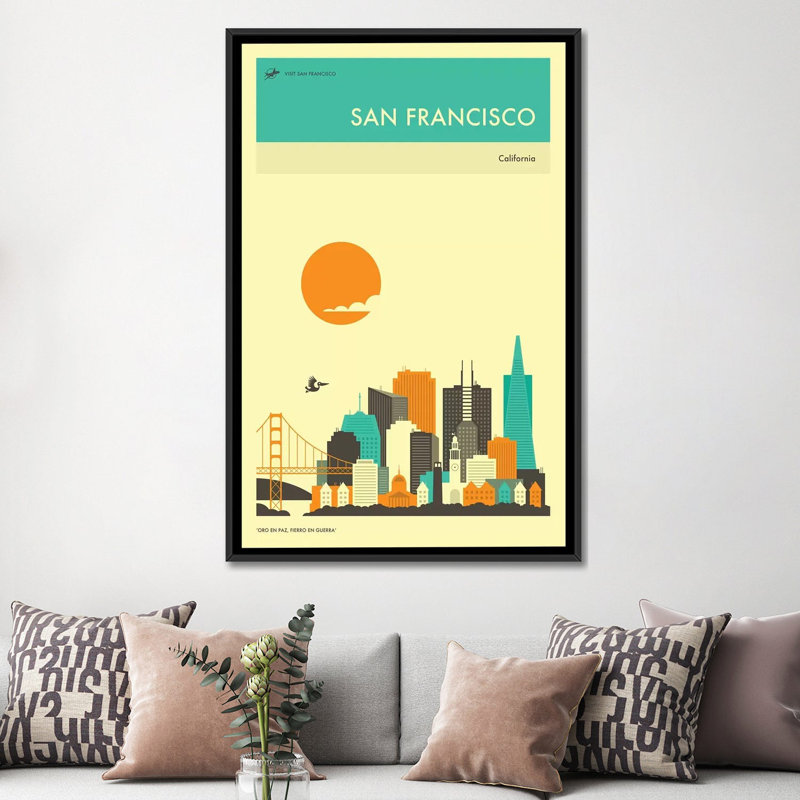 «San Francisco Skyline II», impression sur toile, H 60 po x l 40po x P 1,5 po, Toile avec cadre noir, Pas de tapis