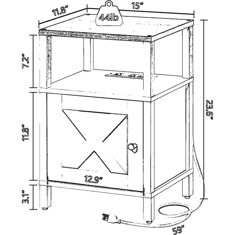 Ensemble de 2 tables de chevet de ferme avec station de charge, table de chevet noire et blanche avec ports USB et Type-C, table de bout avec rangement et tablette ouverte pour la chambre à coucher
