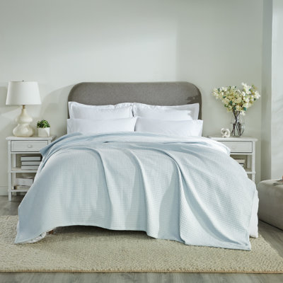 Couverture 100% coton Janiya, couverture légère réversible 350 g / m², couverture toutes saisons respirante, jeté lavable à la machine, très grand, bleu clair
