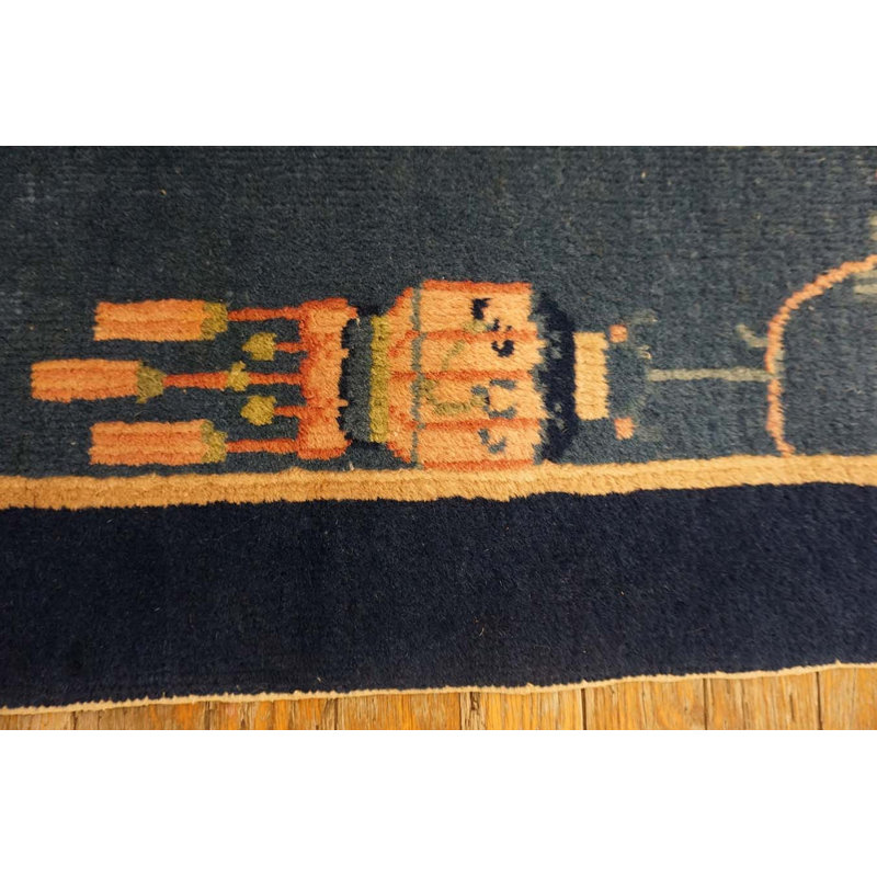 Small Antique Early 20th Century Blue Chinese Art Deco Carpet