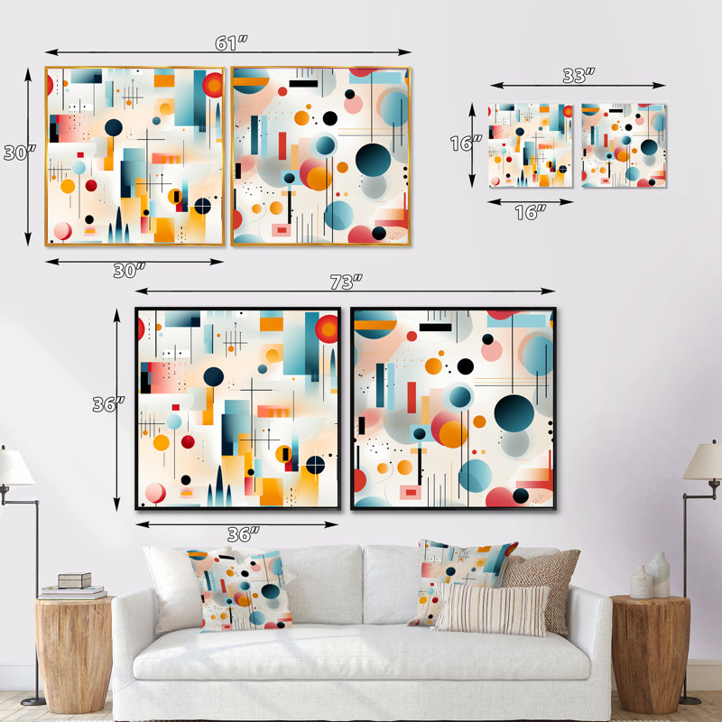 Crisel - Ensemble de 2 collages carrés à formes abstraites, Cadre flottant doré, H 36 po x l 73 po