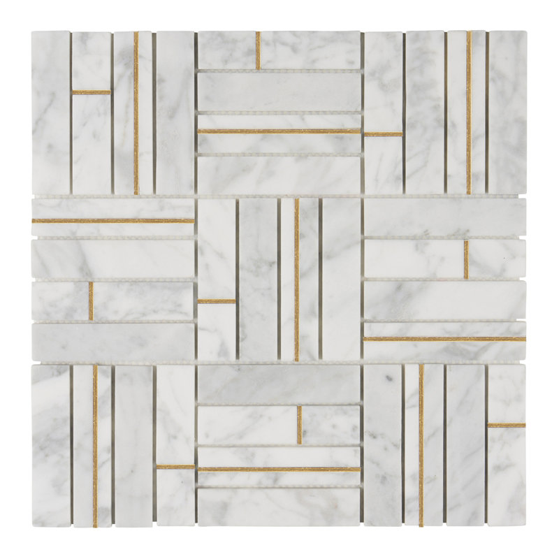 Gold Inlay White Carrara Basketweave Mosaic Tile Backsplash