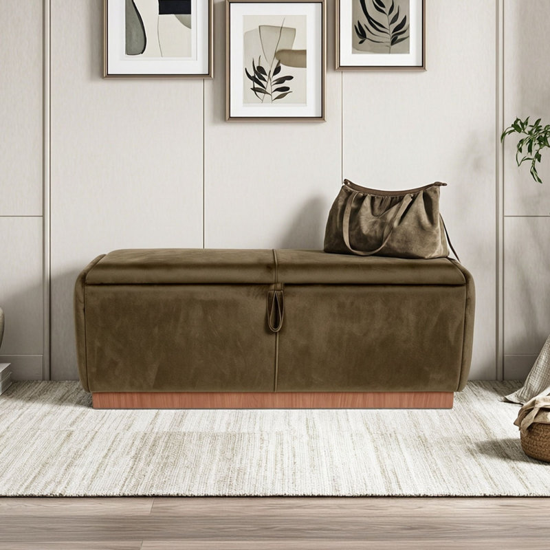 Banc ottoman moderne en velours avec rangement dissimulé et charnières de sécurité pour salon, chambre, Brun