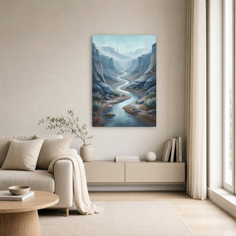 «Winding River Through Misty Canyon», art mural, H 30 po x l 20 po