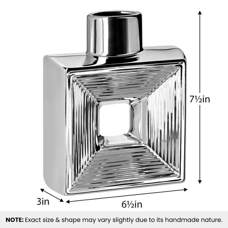7.5" Fluted Opening Reflective Silver Ceramic Vase, Silver