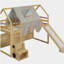 Wooden cabin frame with a tented loft bed