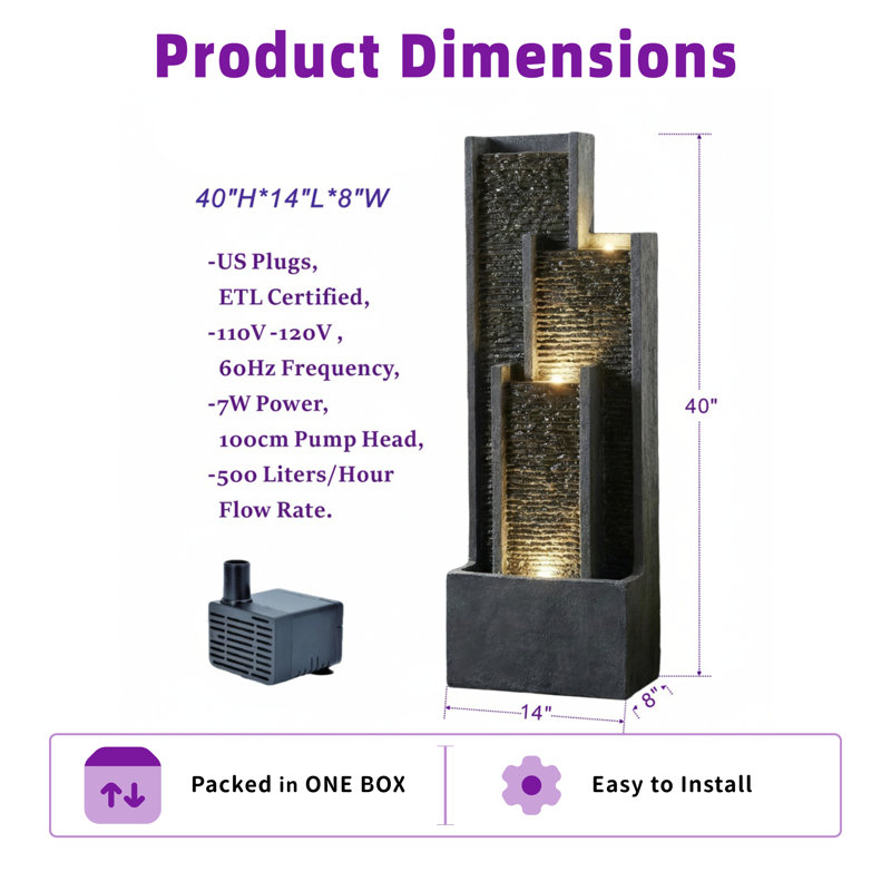Modern Outdoor Water Fountain with LED Lights & Waterfall, Floor Standing Water Feature  with Contemporary Design for Garden Patio Porch Office