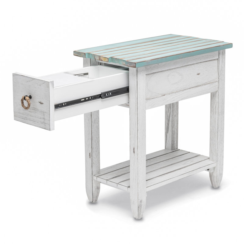 Delaplaine Coastal Solid Wood End Table with Storage, Blue/White