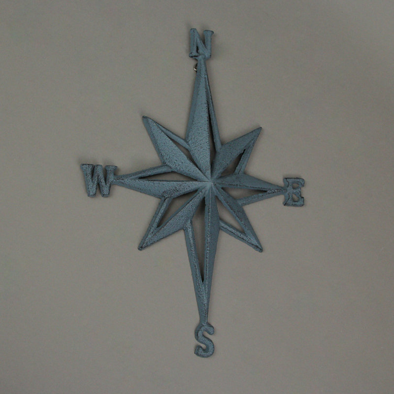 Blue-Grey Cast Iron Nautical Compass Rose Wall Sculpture