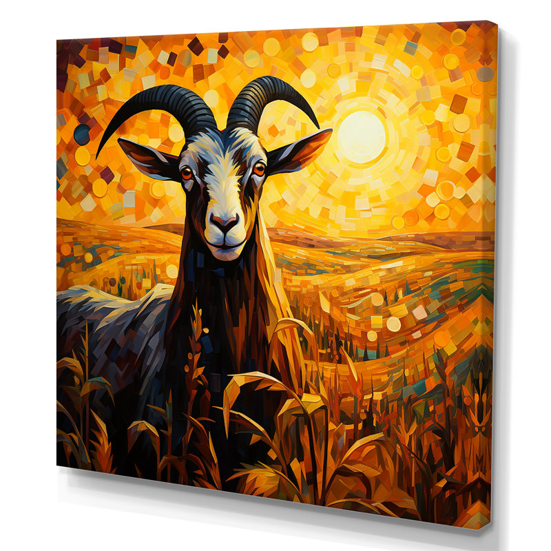 Coucher de soleil jaune, prairie, chèvre, art mural, Toile tendue, 16" H x 16" W