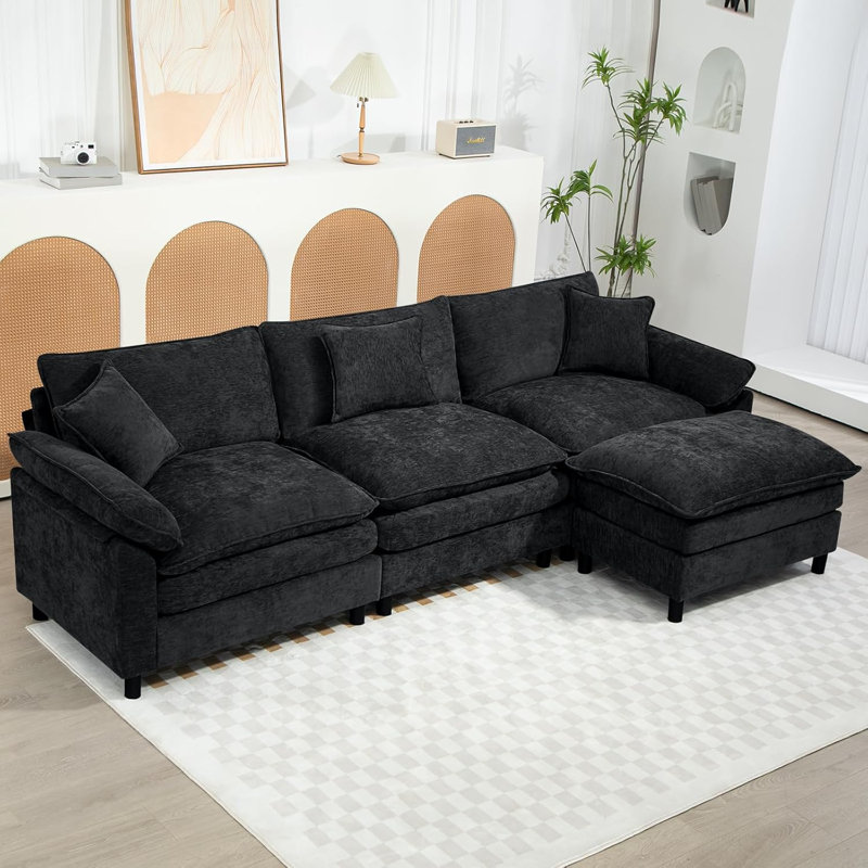 Canapé modulaire rembourré en L avec repose-pieds, Chenille noir, H 34,6 po x l 111,8 po x P 57,8 po