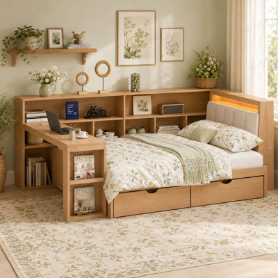 L-Shaped Wooden Daybed with Built-in Desk, Storage Bookcase, Upholstered Headboard, LED Light Strip, and Under-Bed Drawers