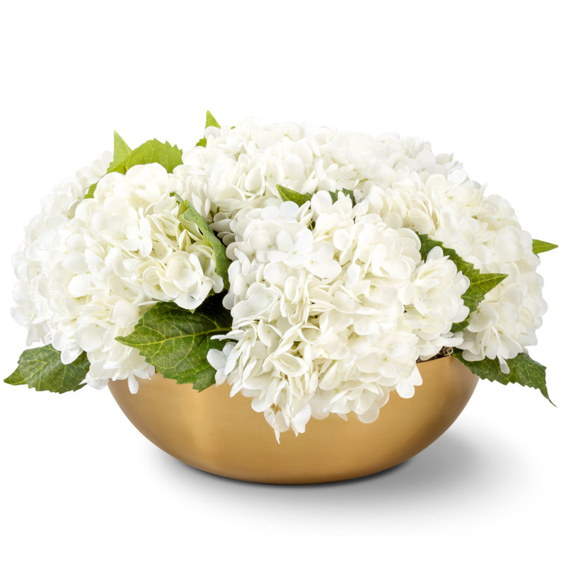 Ian Realtouch Hydrangea Arrangement in Large Gold Bowl, White