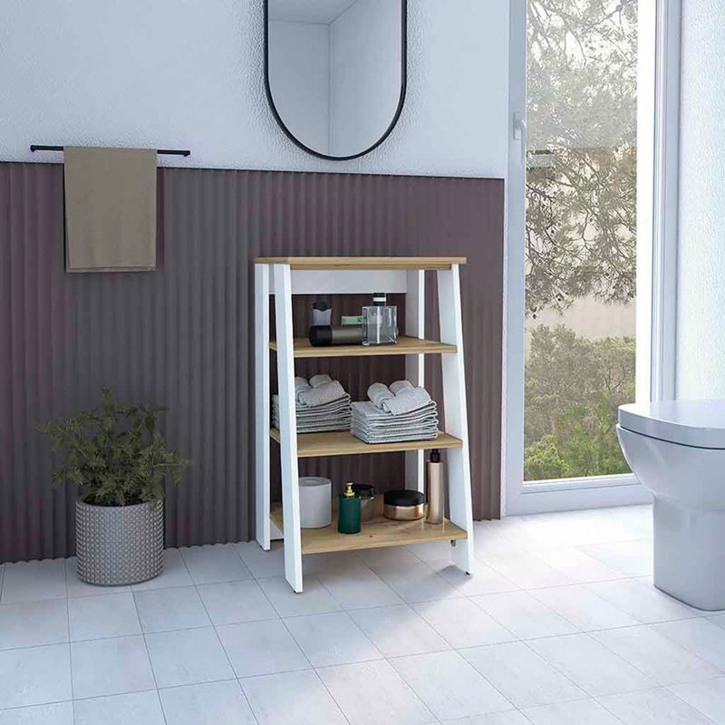 Linen Cabinet Jenne, Four Open Shelves, Light Oak / White Finish, Light Oak