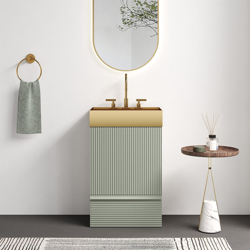 Meuble-lavabo rayé vert clair 20 po avec lavabo intégré en métal brossé doré Gada, Vert clair