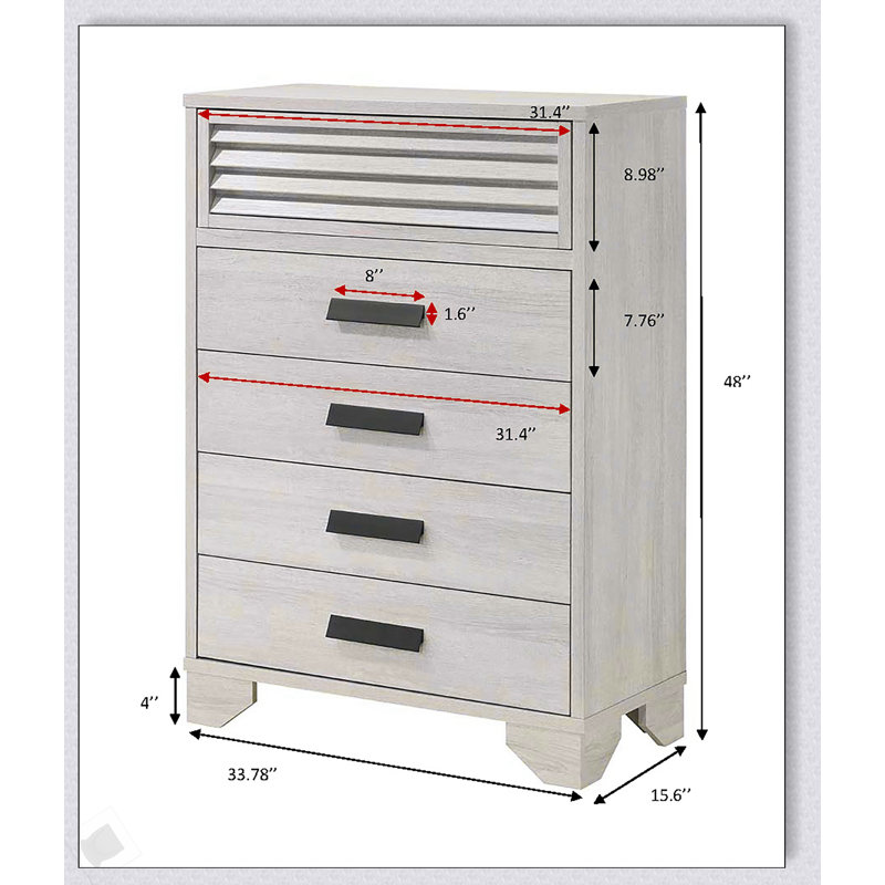 Commode contemporaine à 5 tiroirs à persiennes avec quincaillerie à poignée, finition beige pour chambres à coucher modernes
